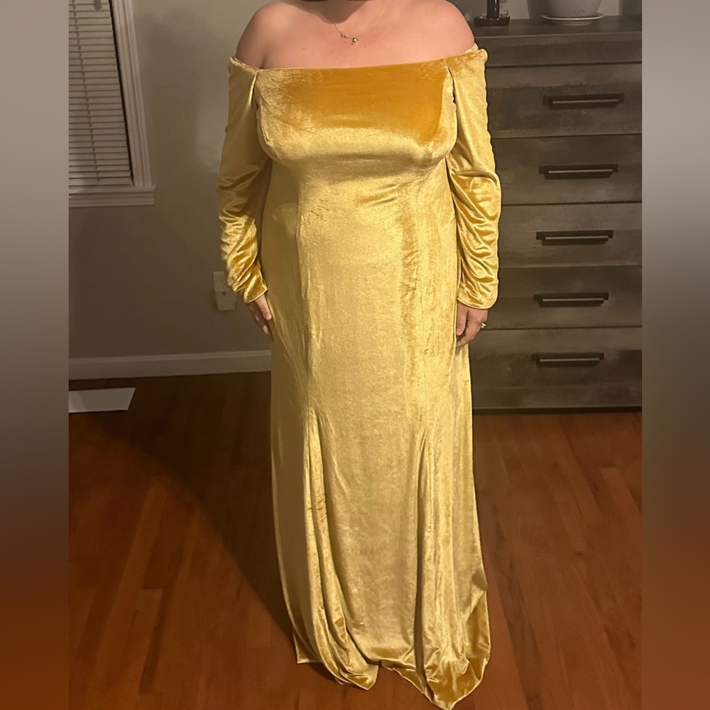 NWT Formal Dress oyisha special occasion maxi velvet mustard dress off shoulder - Picture 16 of 16